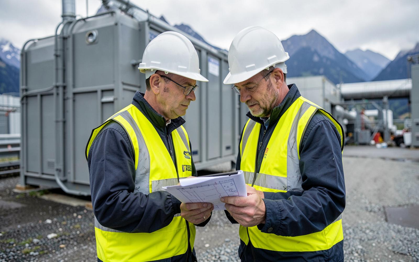 Zwei Projektverantwortliche vor Batteriespeicher-Containern